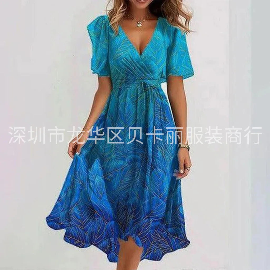Elegant Floral Surplice Midi Dress Gradient Blue 9 Bazaare Mart Surplice Midi Dress