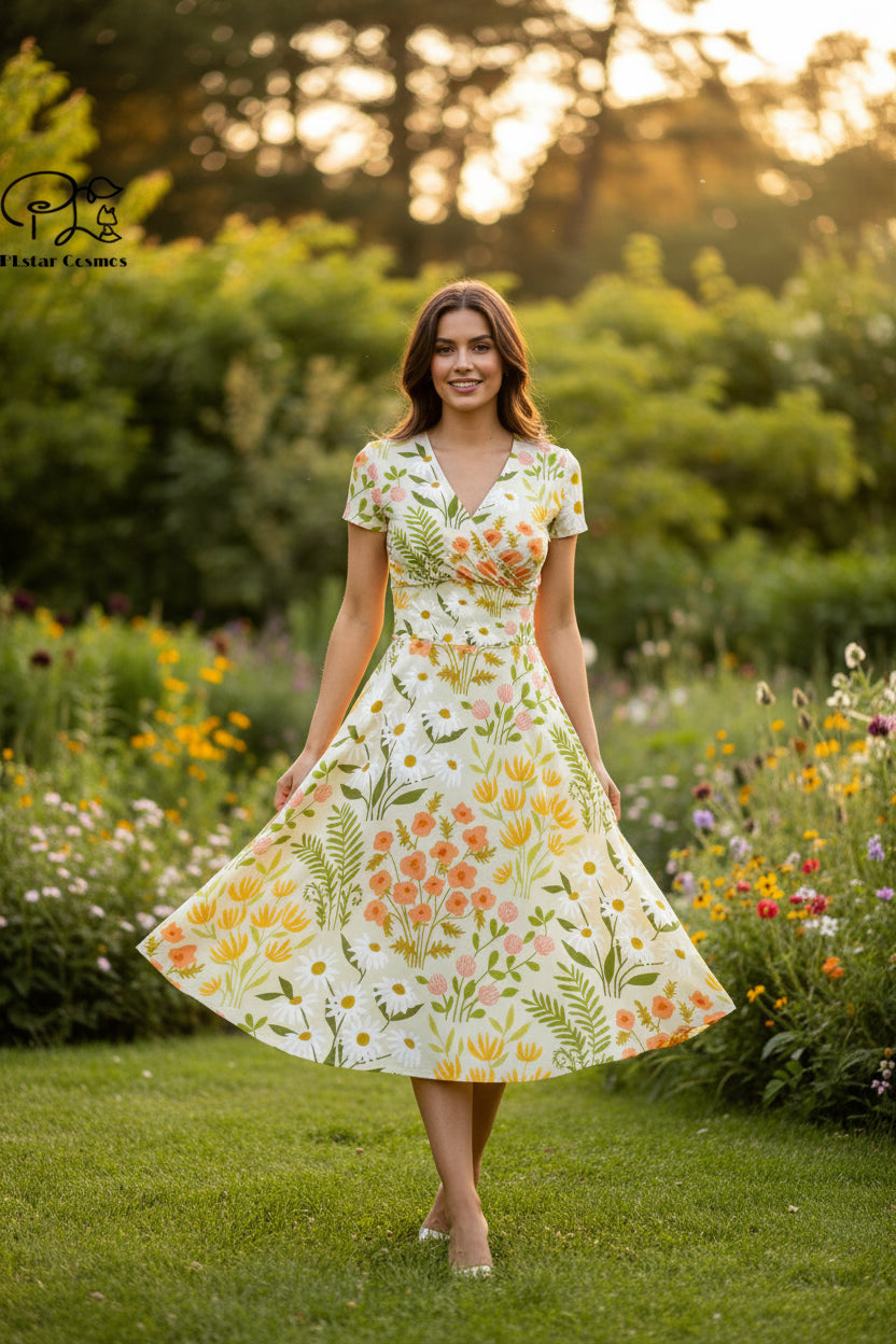 3D printed floral skirt Valentine's Day series printed V-neck short-sleeved dress A-line long skirt casual and fashionable -5 5 Bazaare Mart