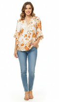 Women's Floral Ruffle Sleeve Blouse | Elegant V-Neck 3/4 Sleeve Top Orange Bazaare Mart Ruffle Sleeve Blouse