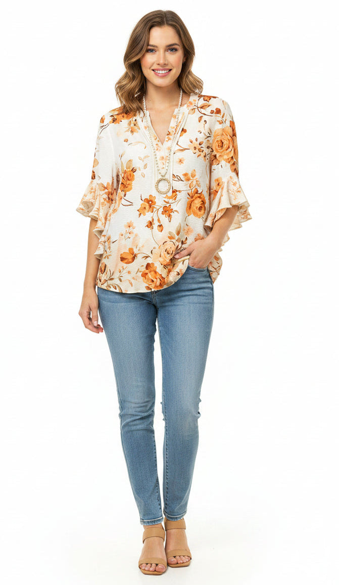 Women's Floral Ruffle Sleeve Blouse | Elegant V-Neck 3/4 Sleeve Top Orange Bazaare Mart Ruffle Sleeve Blouse