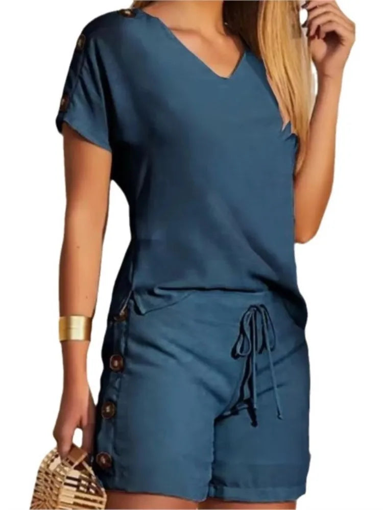Women's V-Neck Top & Drawstring Shorts Set – Casual Summer Two-Piece Outfit, Sizes S-3X Bazaare Mart Shorts Set