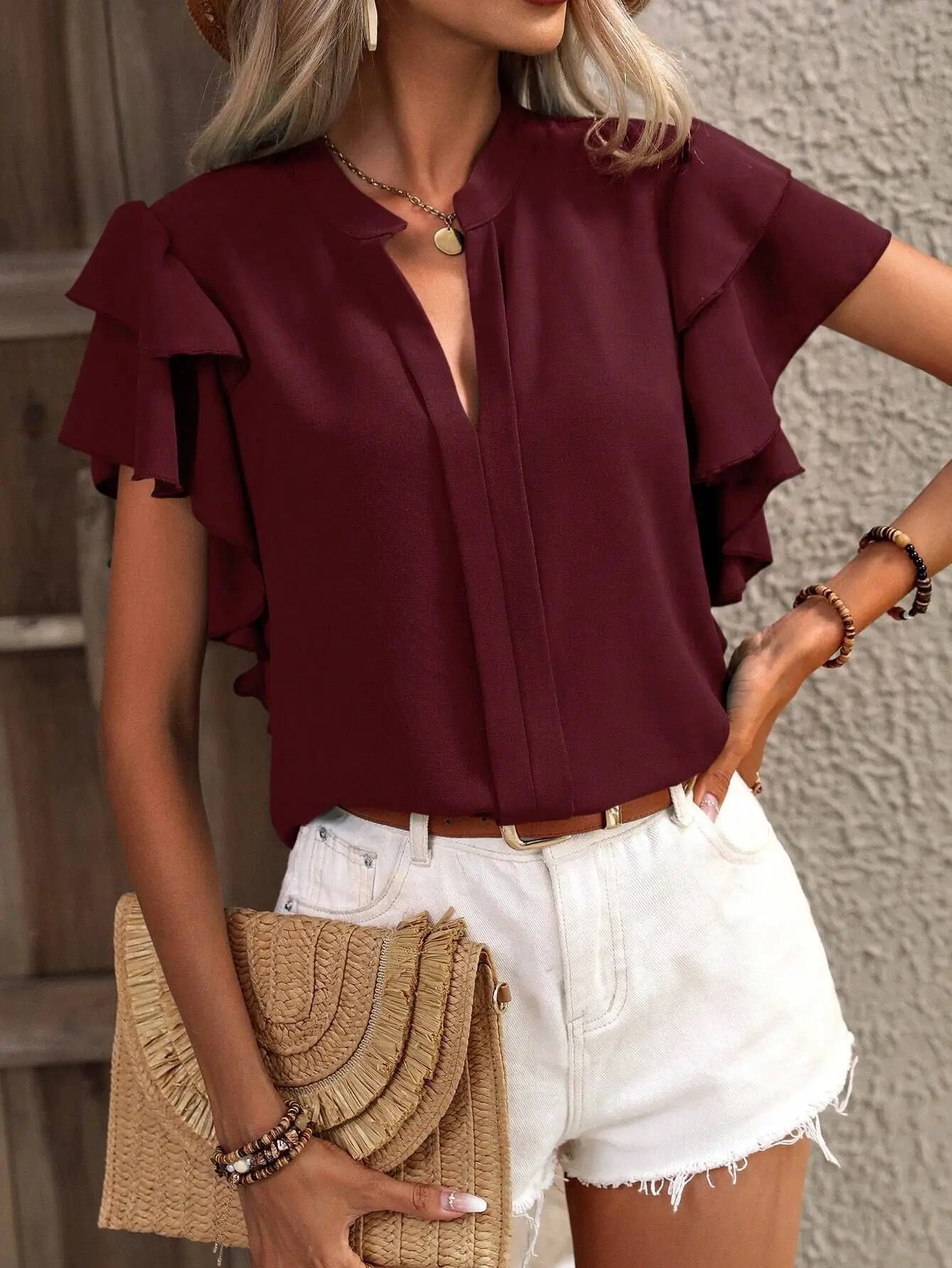 V-neck Ruffle Sleeve Solid Color Blouse