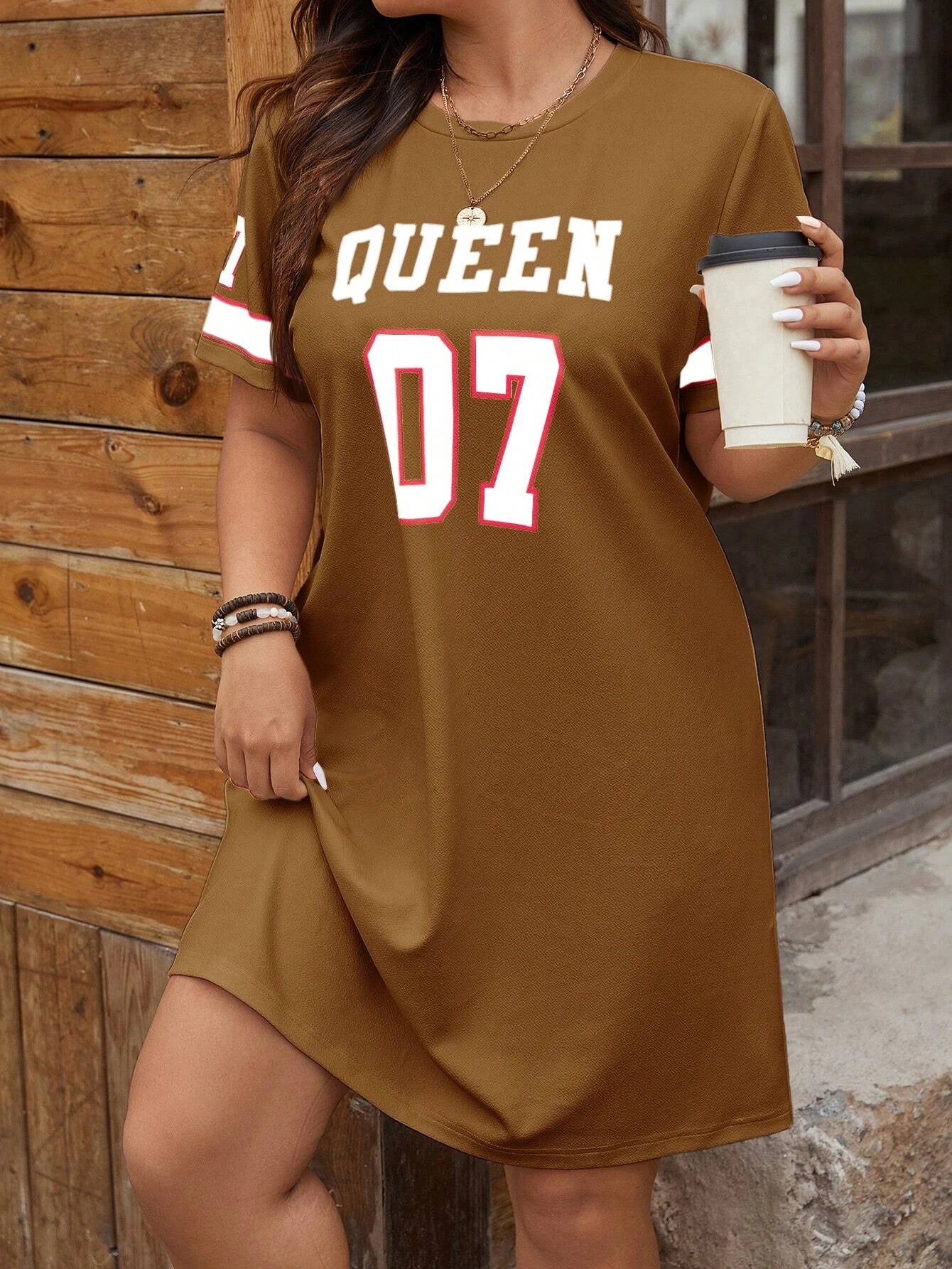 Plus Size Queen 07 Graphic Jersey Dress – Women's Casual Sports-Inspired Oversized T-Shirt Dress SYF112904 Bazaare Mart Night Shirt