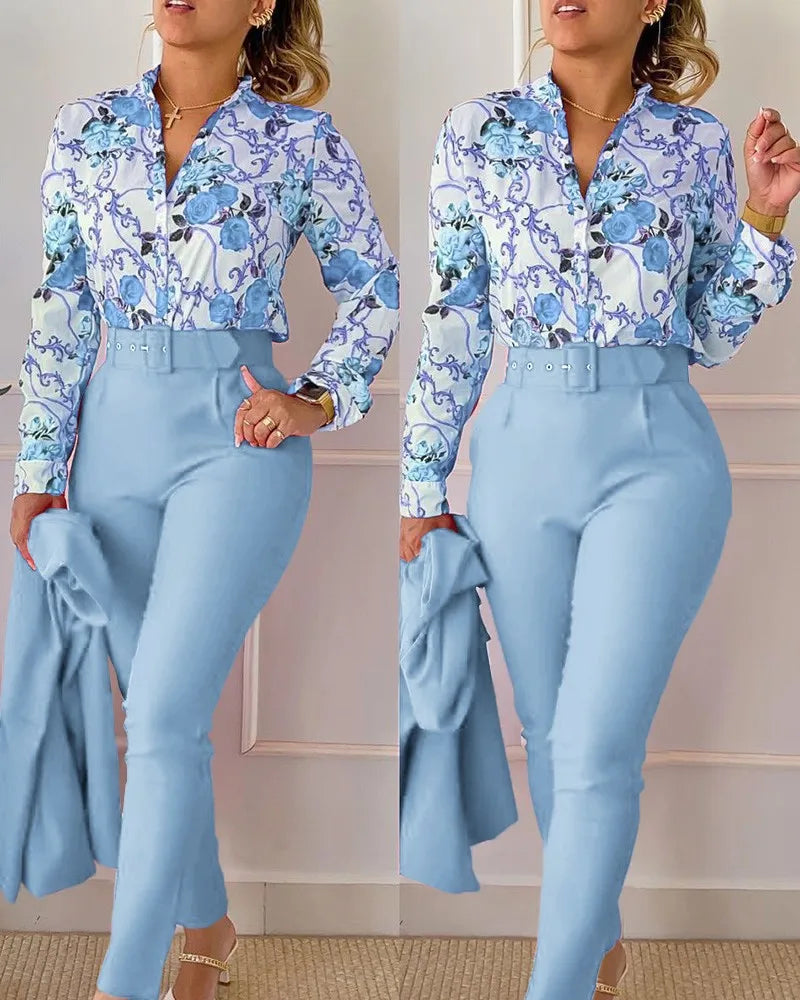 Print Long Sleeve Shirt Matching Pants Sets With Belt