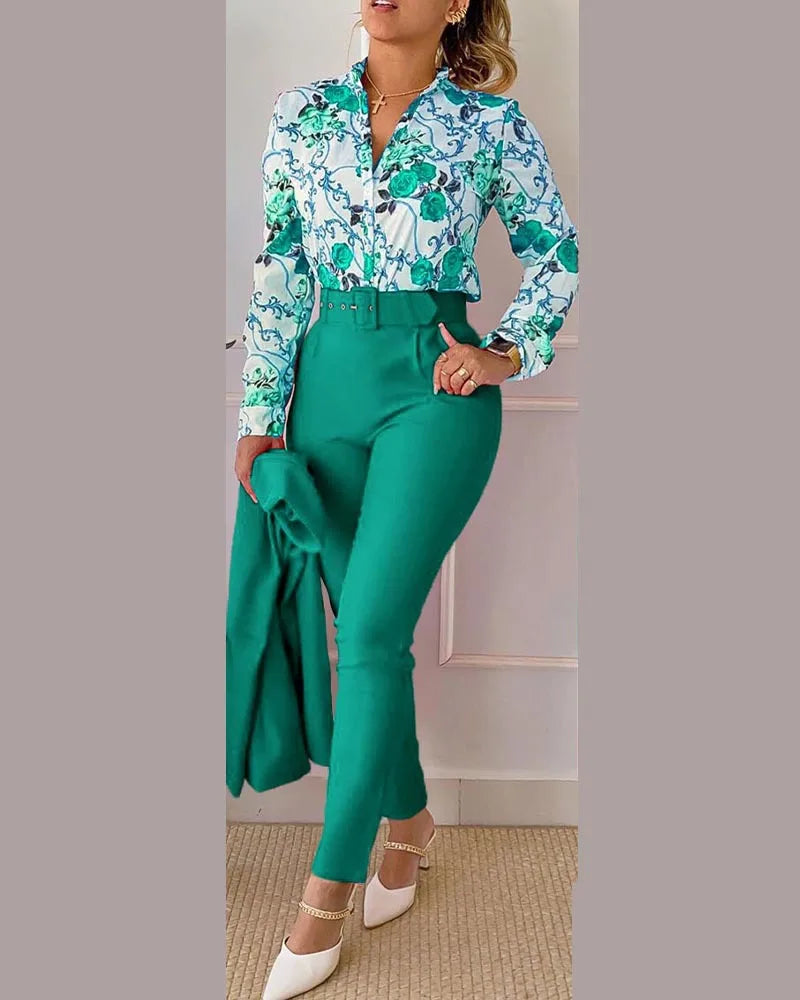 Print Long Sleeve Shirt Matching Pants Sets With Belt