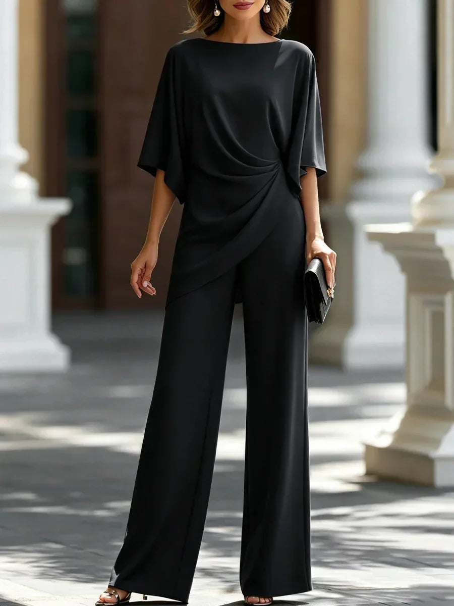 Draped Two-Piece Pants Set with Cape Sleeves and Wide-Leg Pants