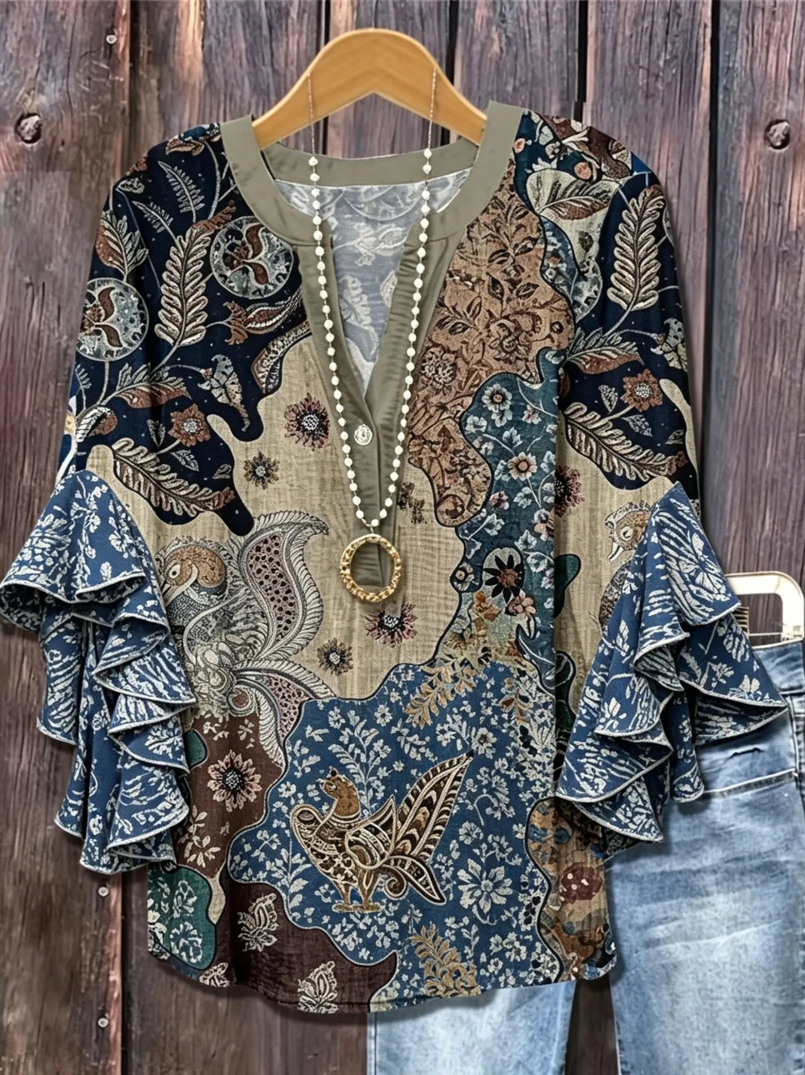 Women's Boho Patchwork Paisley Ruffle Sleeve Blouse | Elegant V-Neck Top HCHLF20261317H Bazaare Mart Ruffle Sleeve Blouse