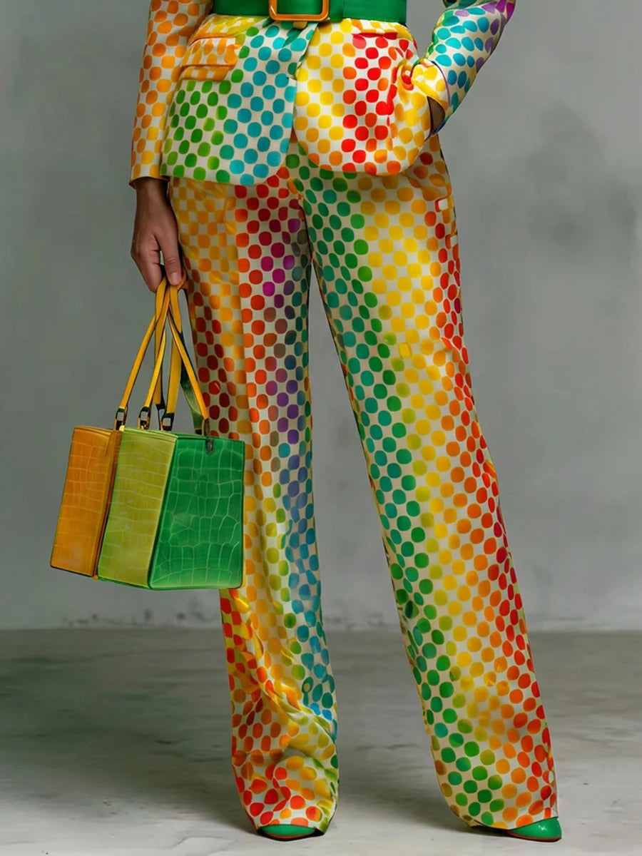 Rainbow Polka Dot Wide-Leg Pants – High-Waisted Statement Pants