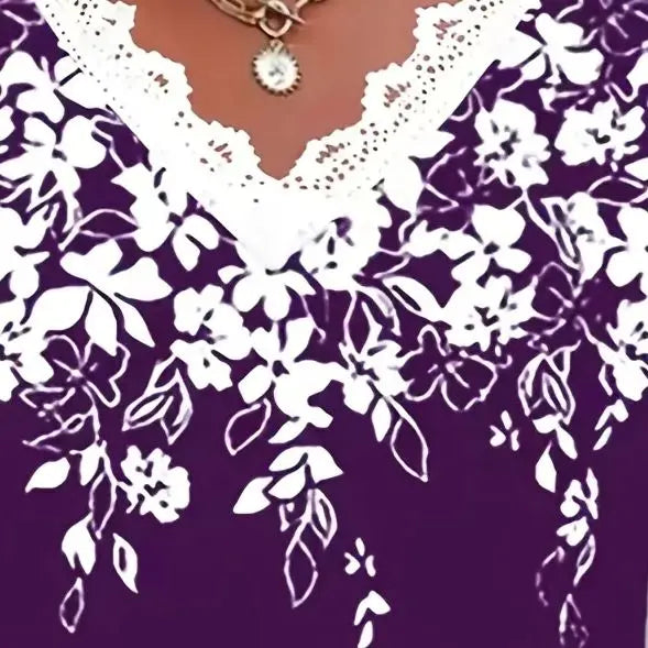 Large size women's fashionable temperament lace patchwork V-neck print off shoulder sleeves lace patchwork top Bazaare Mart