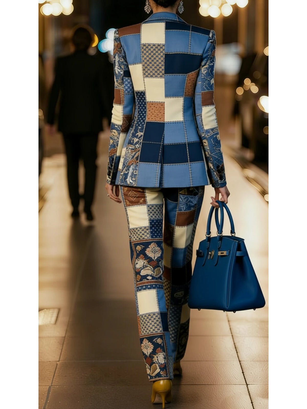 Patchwork Printed Blazer Vest & Wide-Leg Pants 3-Piece Suit