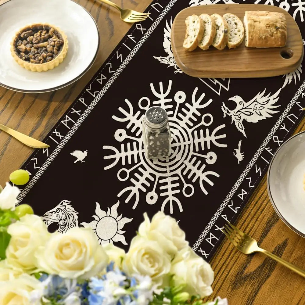 Black Viking Raven Helmet of Awe Linen Table Runner
