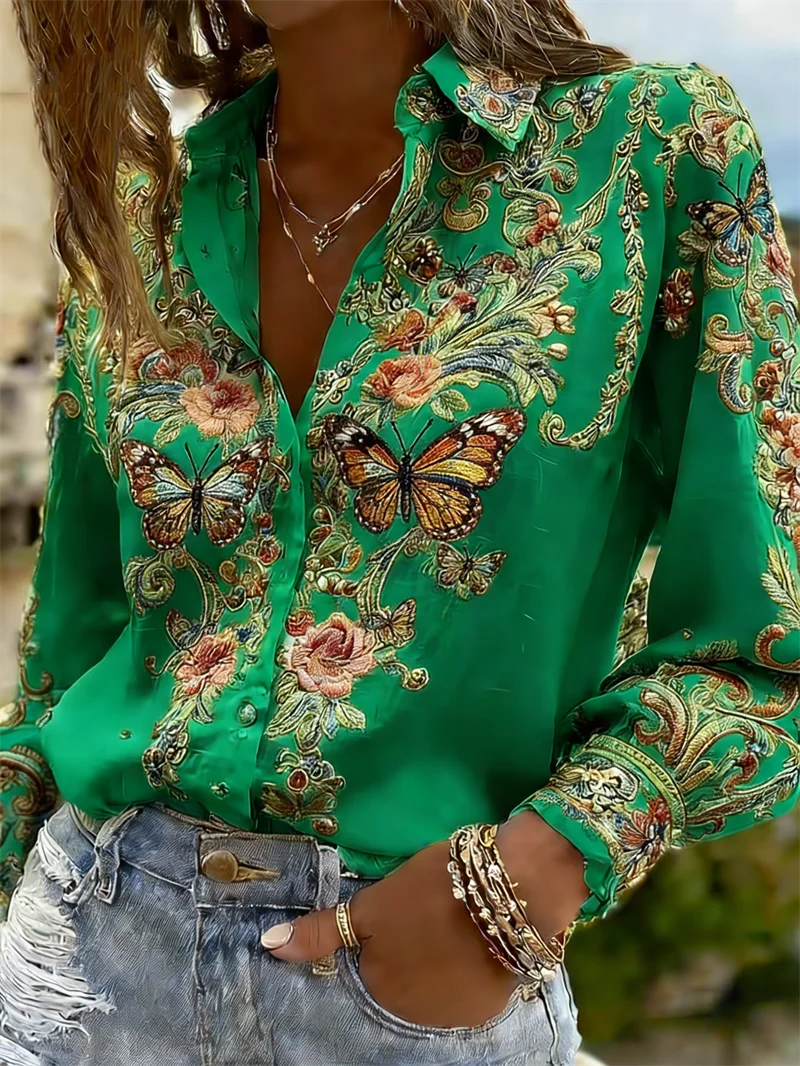 Women's Butterfly Floral Western Blouse | Long Sleeve Button-Up Shirt
