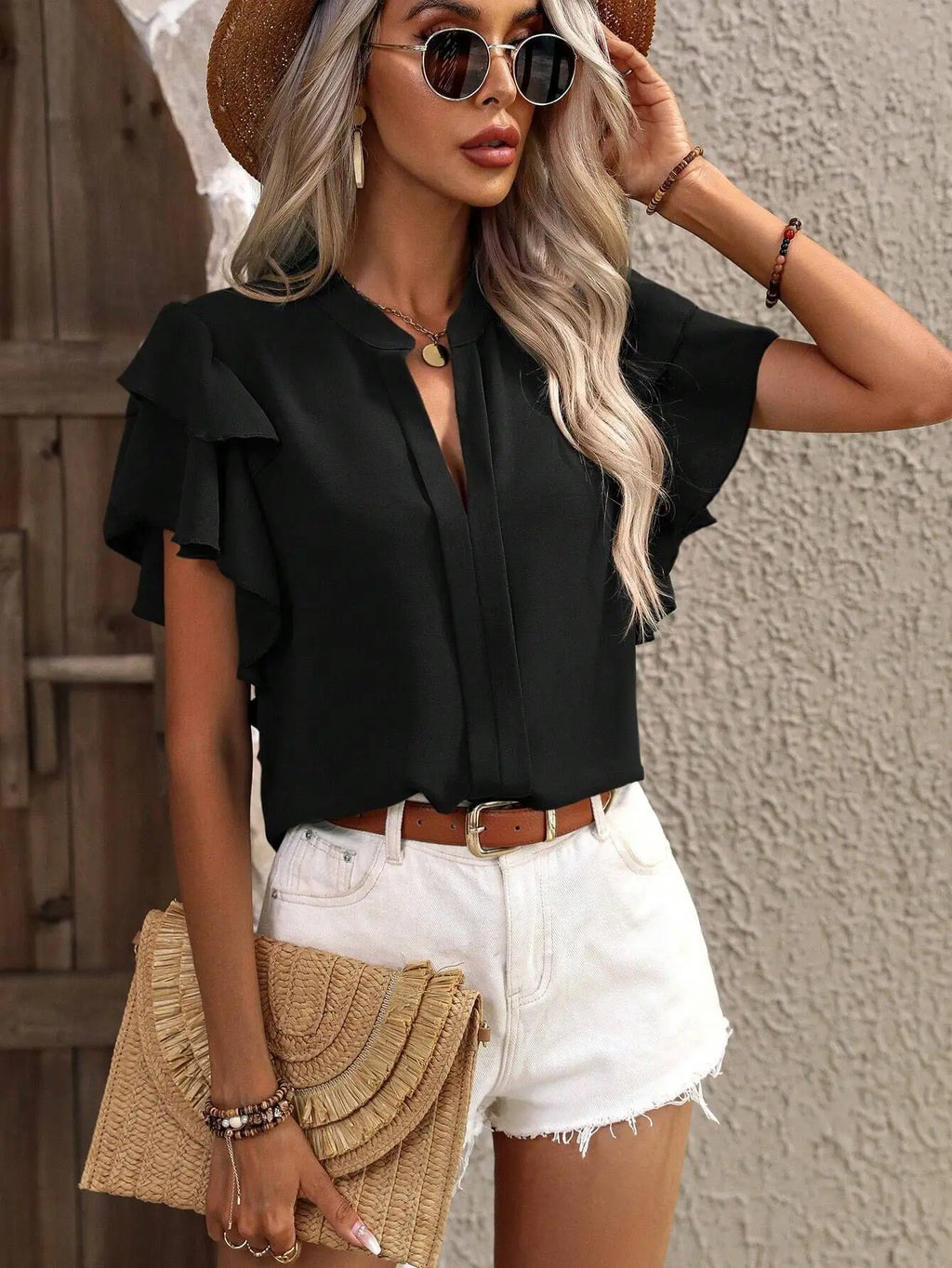V-neck Ruffle Sleeve Solid Color Blouse