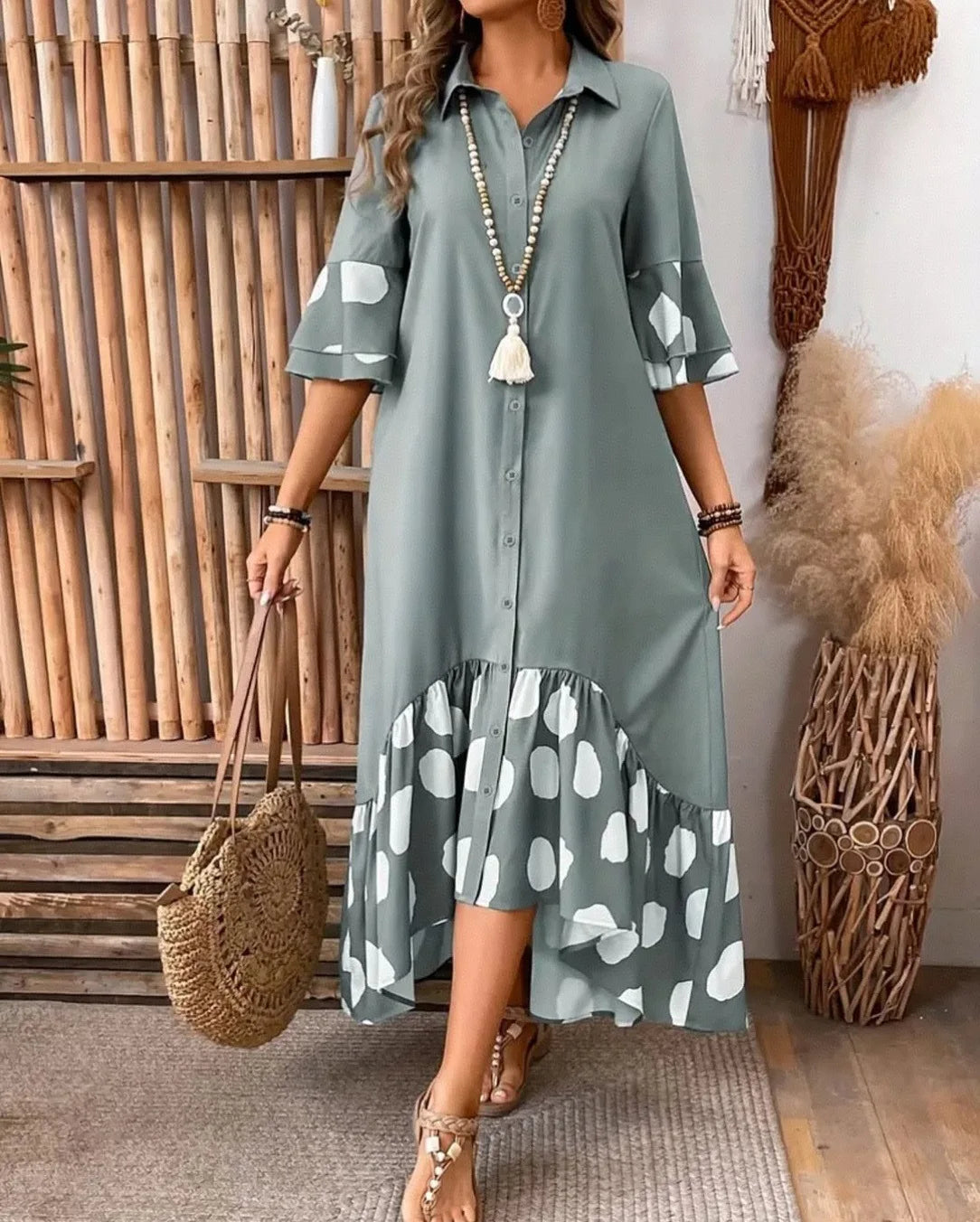 Women's Polka Dot Shirt Dress – Button Front Midi Dress with Flare Sleeves Bazaare Mart Half Sleeve Midi Shirt Dress