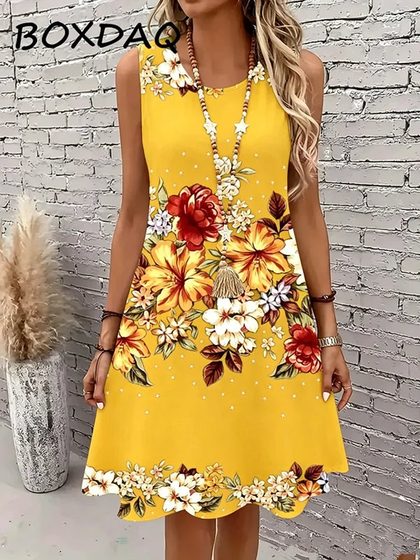 Large Size 3XL Women Tank dress Summer Loose Casual Sleeveless Floral Print Vest Dress Bazaare Mart