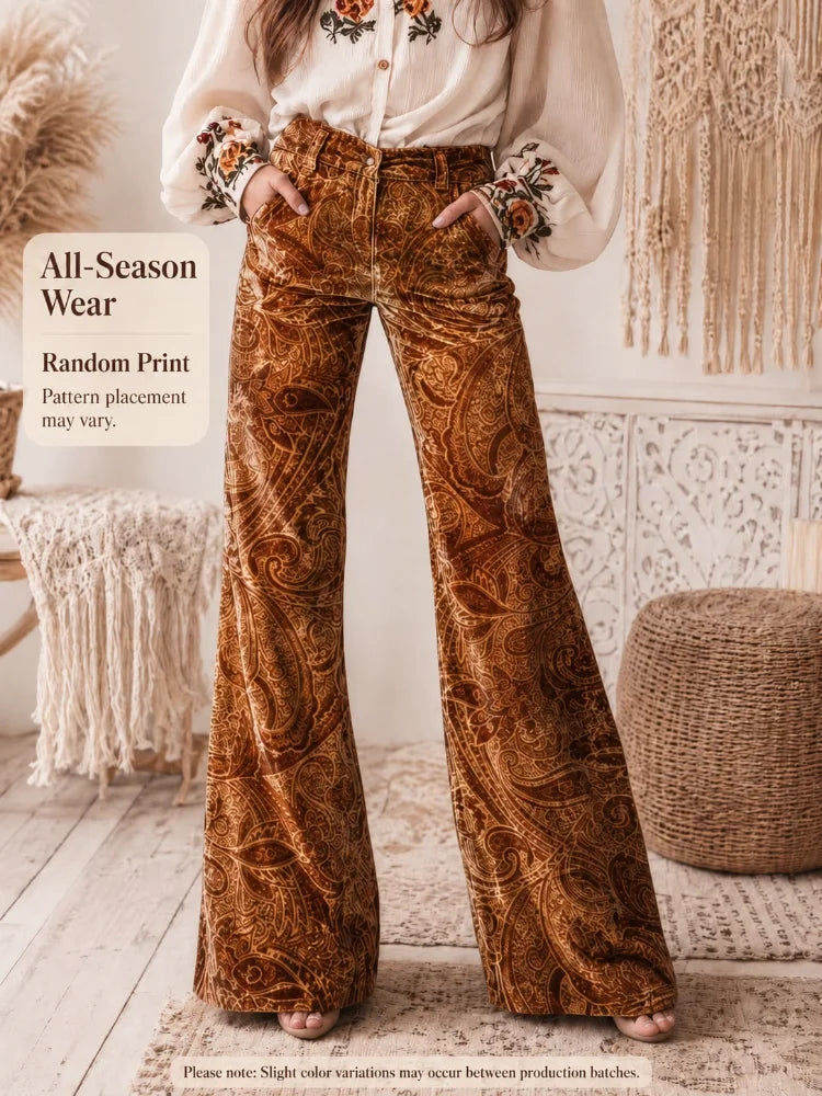 Vintage Velvet Paisley High-Waist Bell Bottom Slacks