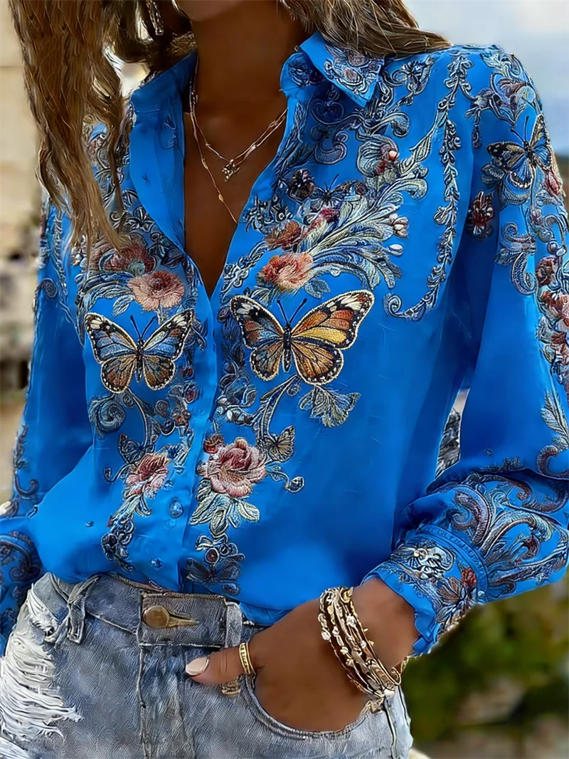 Women's Butterfly Floral Western Blouse | Long Sleeve Button-Up Shirt