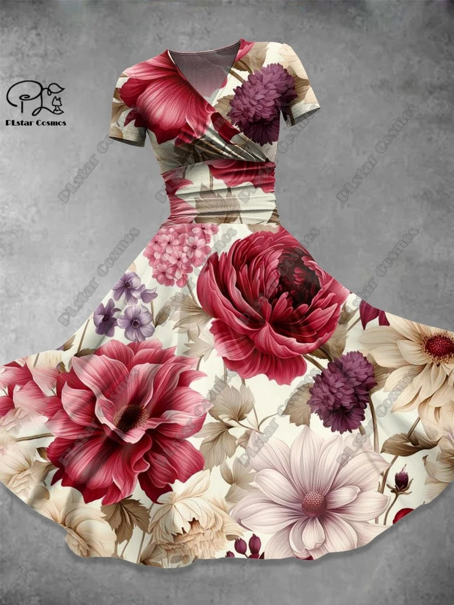 Women's Floral V-Neck Fit & Flare Dress – Short Sleeve A-Line Midi Dress, Sizes S-3X 11 Bazaare Mart Short Sleeve Printed Surplice Dresses