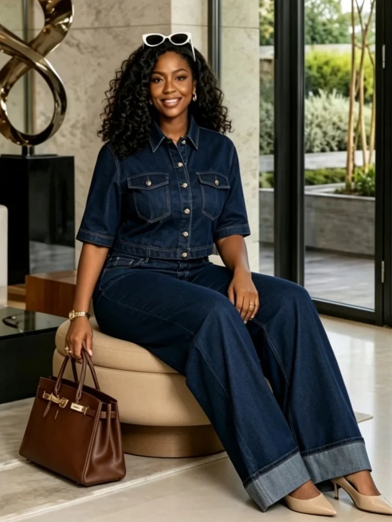 Two-Piece Denim Set – Cropped Button-Up Top & Wide-Leg Jeans