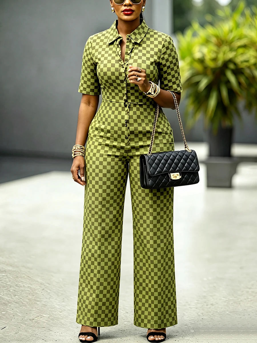 Green Checkerboard Jumpsuit – Button-Front Wide-Leg One-Piece