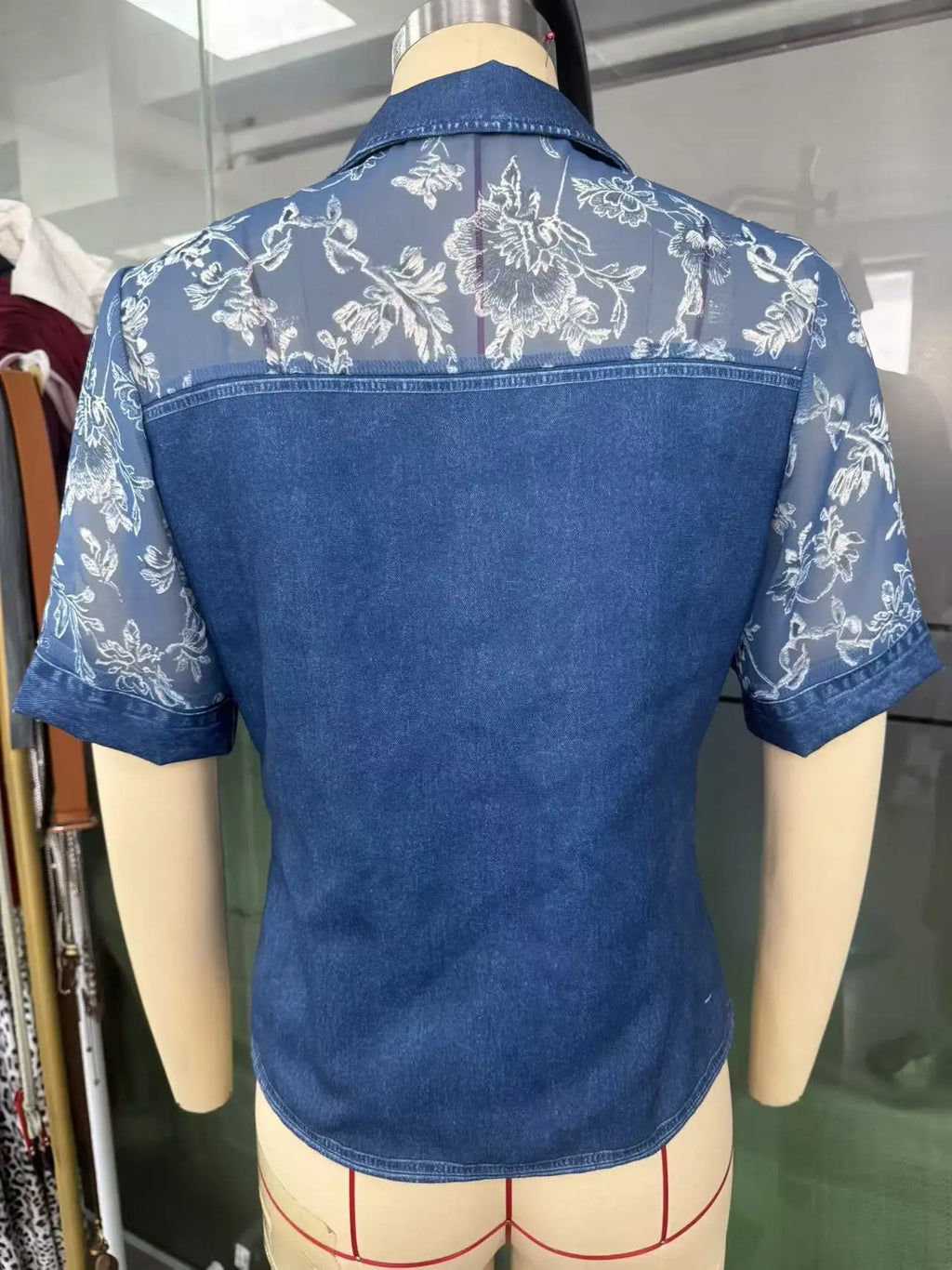 Denim Shirt with Sheer Floral Embroidered Mesh Sleeves