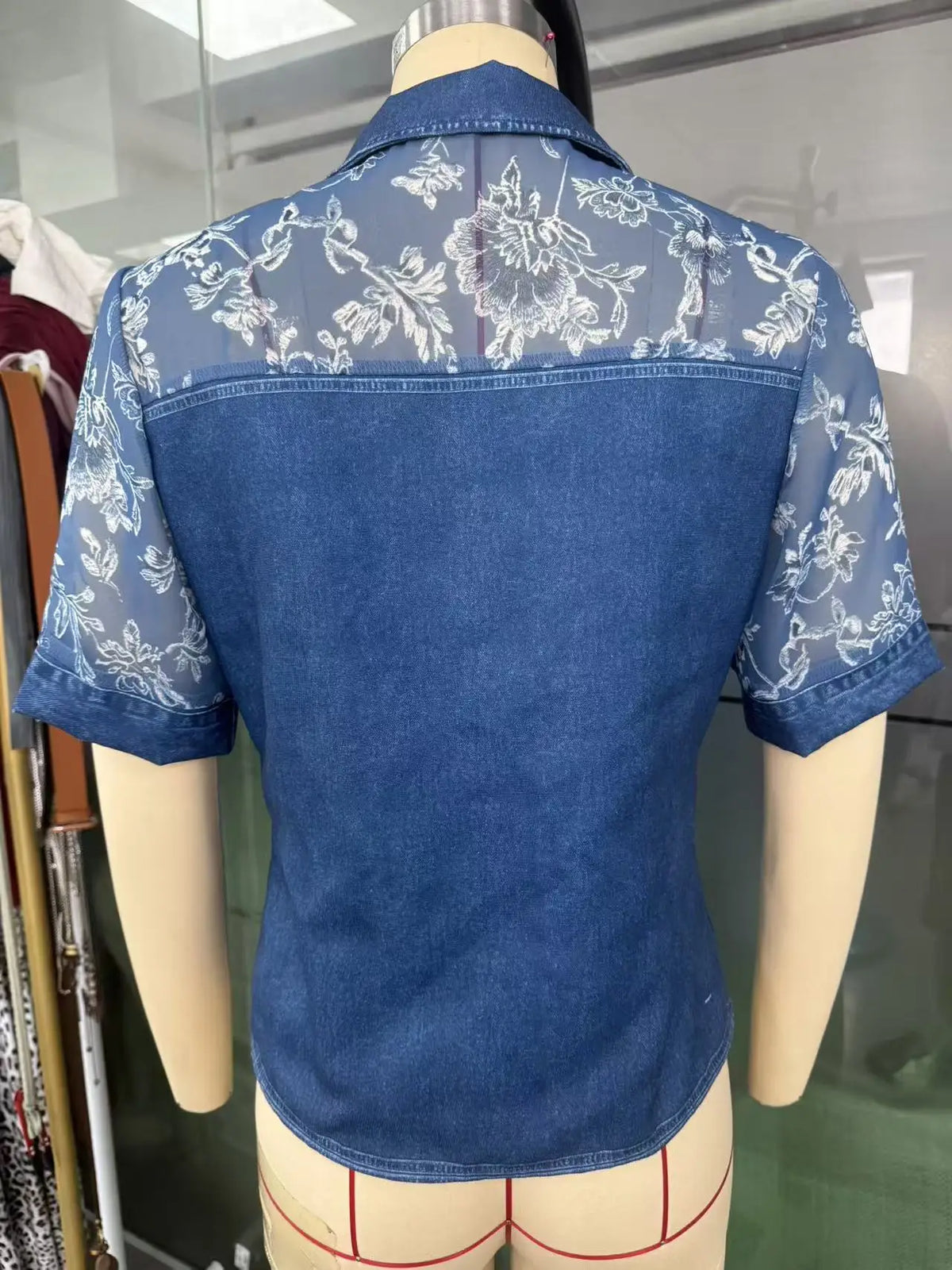 Denim Shirt with Sheer Floral Embroidered Mesh Sleeves
