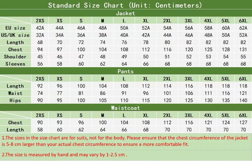 Standard size chart for jackets and pants with measurements in centimeters.