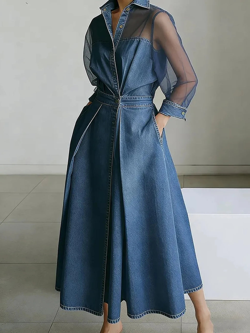 Denim Midi Dress with Sheer Mesh Sleeves