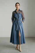 Denim Midi Dress with Sheer Mesh Sleeves