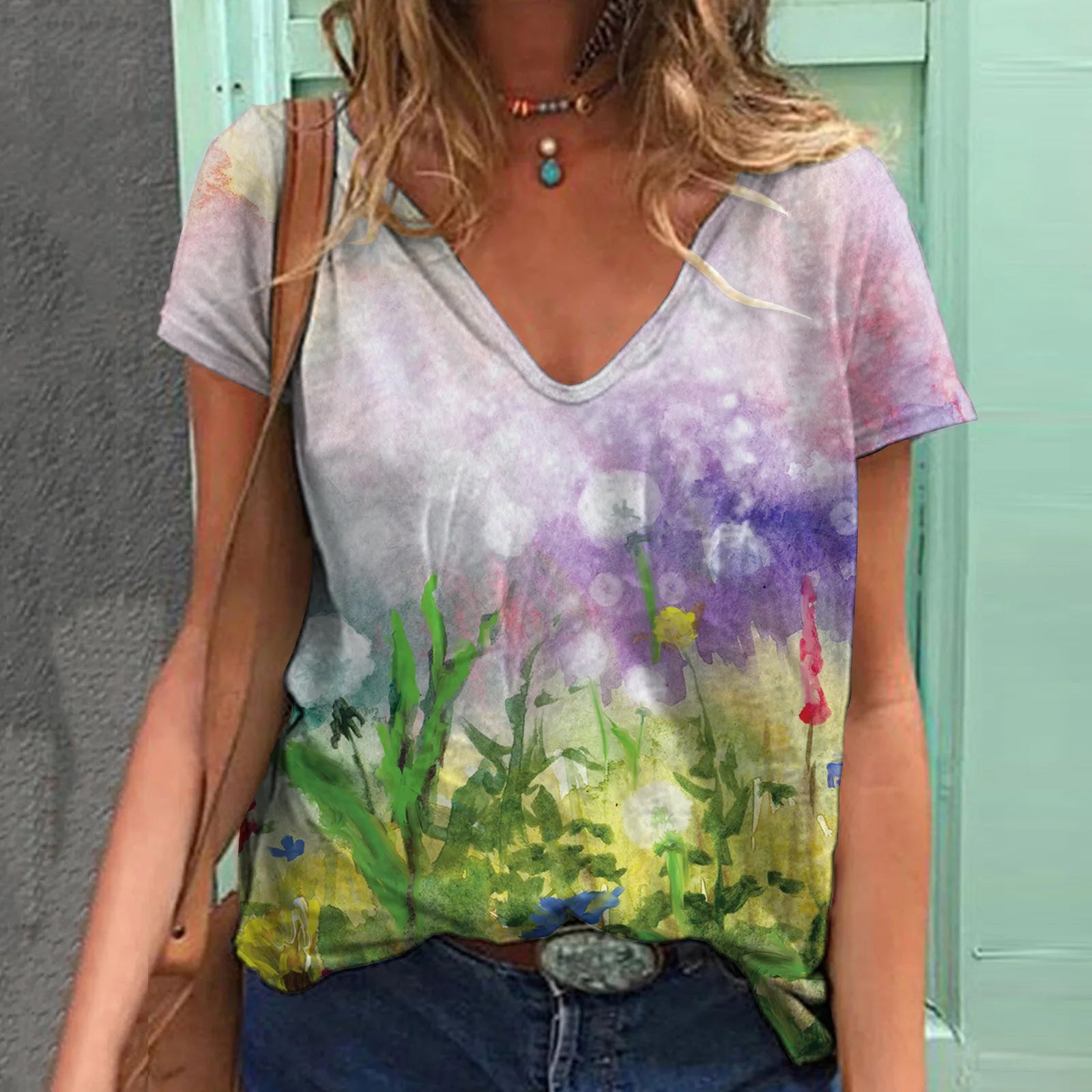 Floral Print V-Neck T-Shirts Bazaare Mart Floral V-Neck Tee