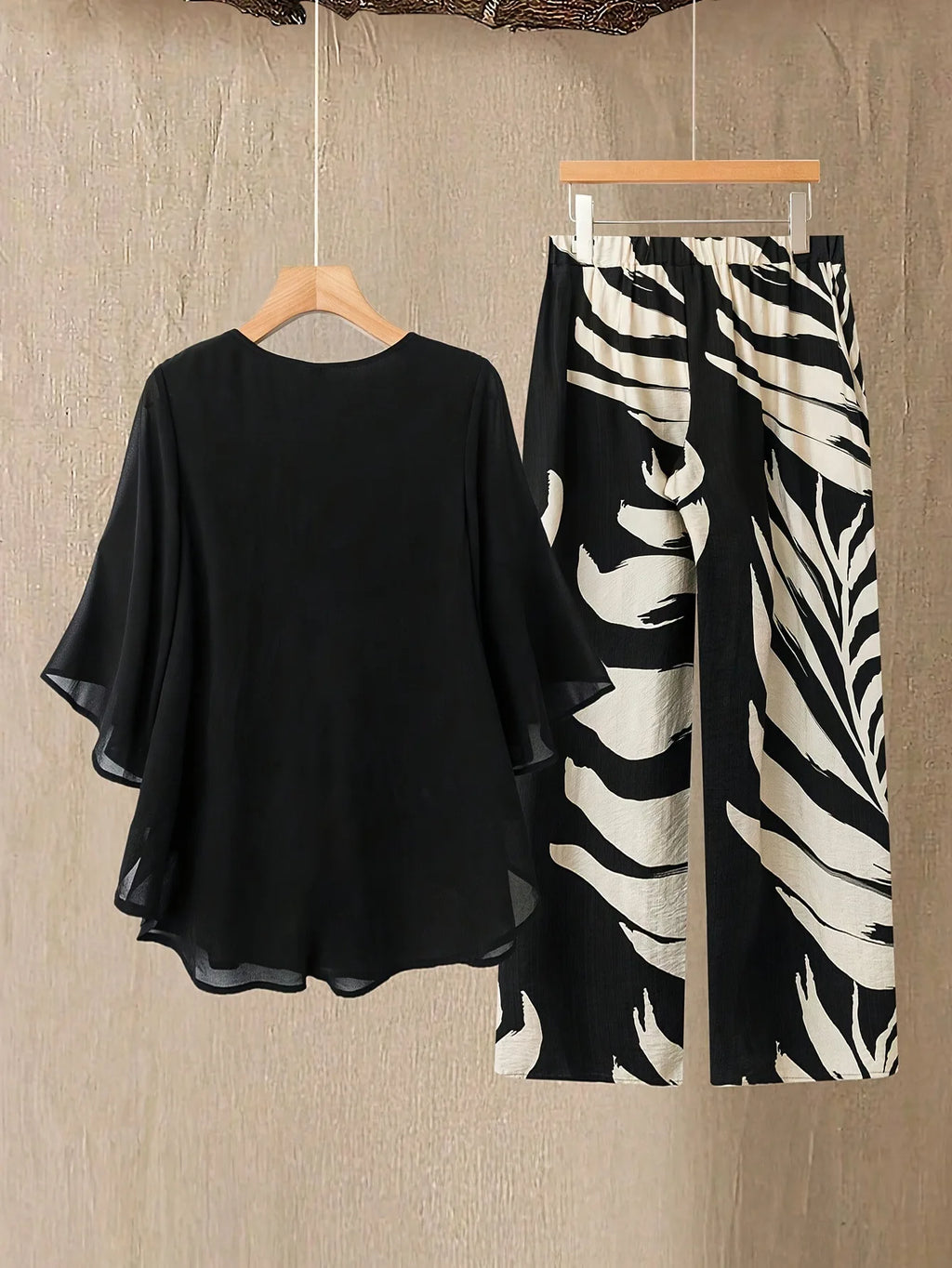 Women's Chiffon Overlay Top & Tropical Leaf Print Wide Leg Pants 2 Piece Set | Elegant Summer Resort Outfit Black Bazaare Mart 2 pc. Pants Outfit