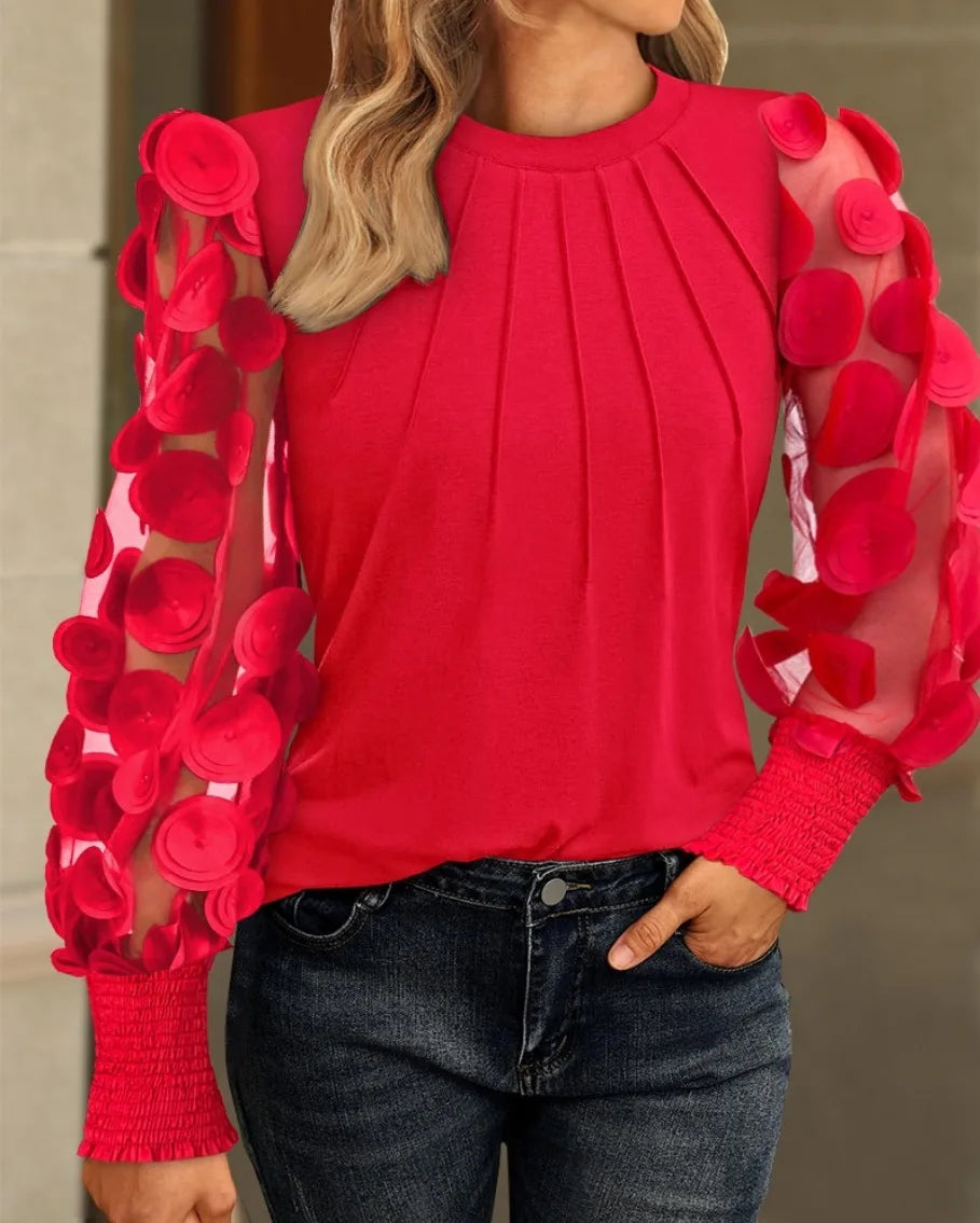 Women's Pleated Blouse with 3D Floral Mesh Sleeve