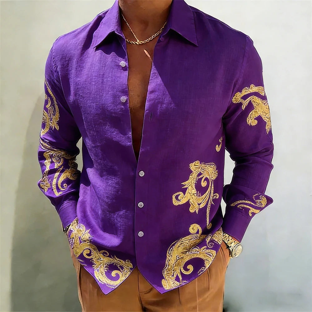 Men's Gold Baroque Print Button-Up Shirt – Long Sleeve Statement Shirt
