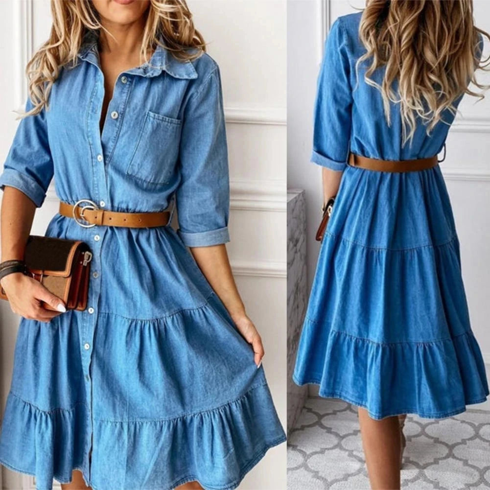 Blue Denim Shirt Dress – Tiered Ruffle Skirt & Three-Quarter Sleeves
