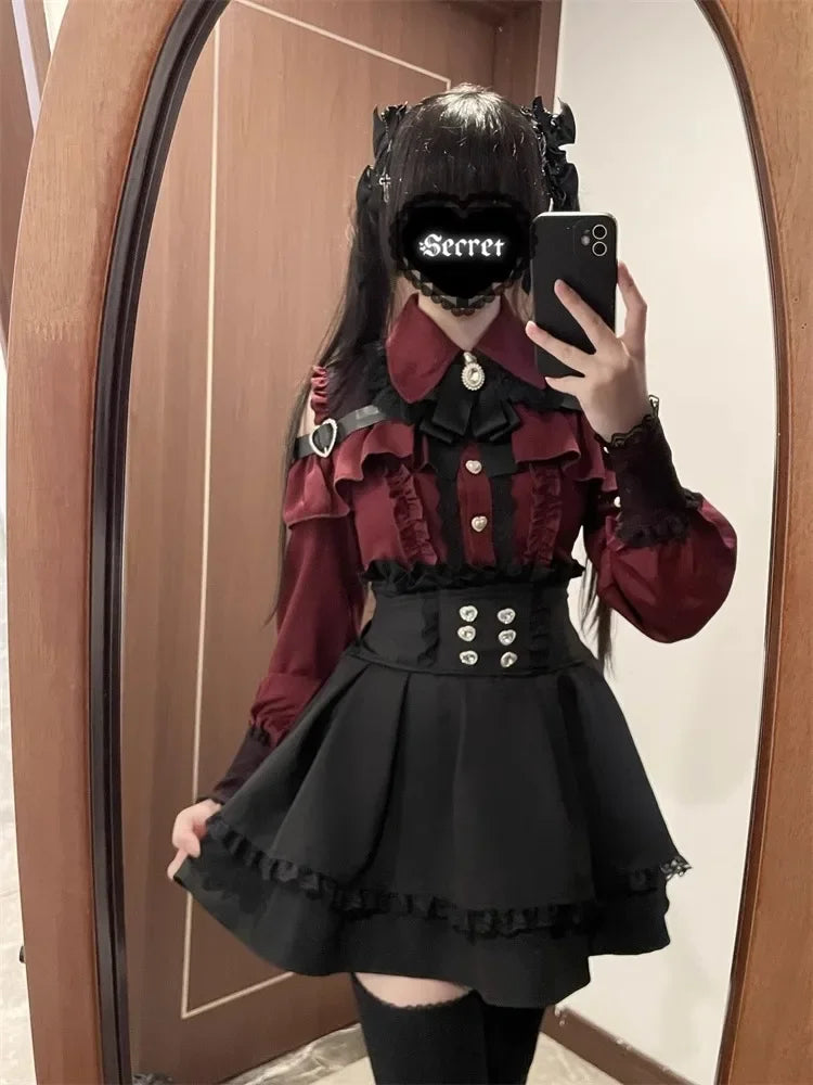 Dark Sweet Heart Ground Type Lolita Set, Ruffle Sleeve Top & A-line Skirt, Cute Kawaii Japanese Style Gothic Coord Outfit S-XL Bazaare Mart