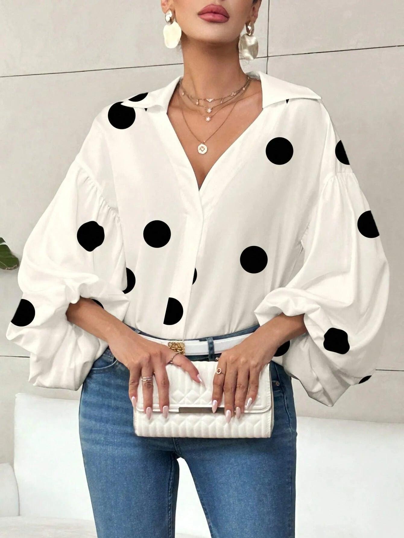 Women's Boho Polka Dot Blouse | French-Inspired Puff Sleeve Casual Top Khaki Bazaare Mart 3/4 Puff Sleeve V-Neck Blouse