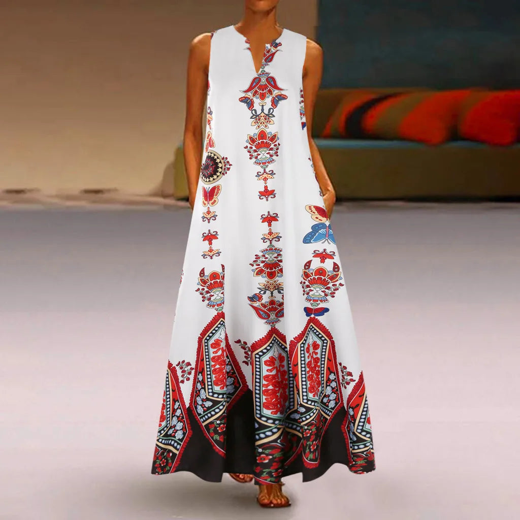 Women's Retro Boho Maxi Dress – Sleeveless V-Neck Summer Beach Dress with Pockets Bazaare Mart Maxi Sundress