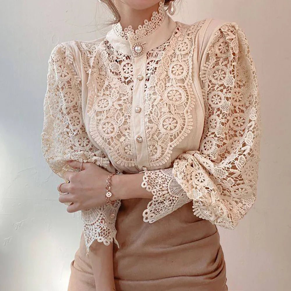 Vintage Lace Long Sleeve Pearl Button Blouse