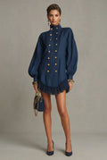 Denim Mini Dress – High Collar, Gold Buttons & Lace Ruffle Hem