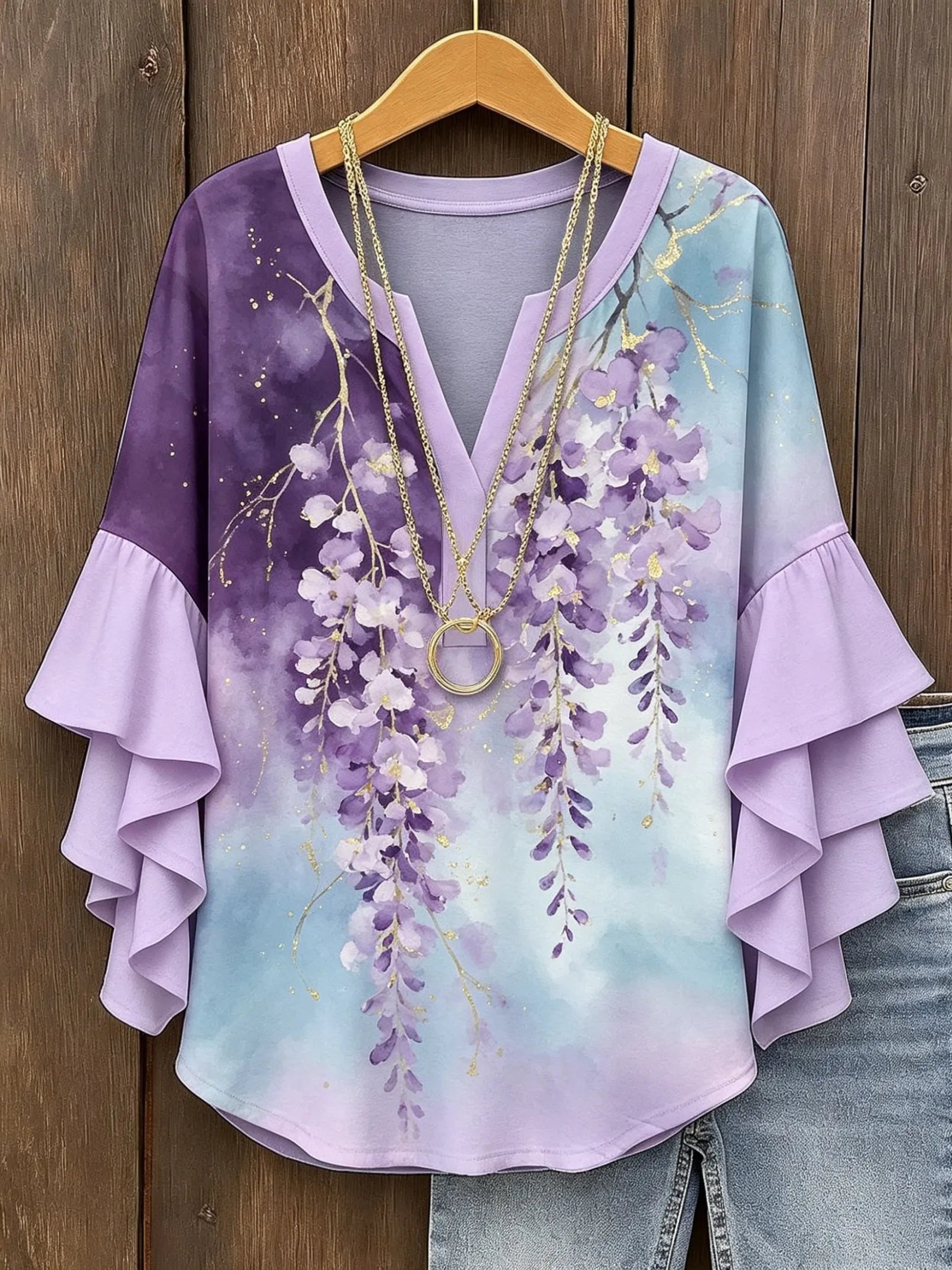 Women's V Neck Ruffle Half Sleeve Lotus Print Blouse, Casual Daily Holiday Tops Mint Green White Spring Summer HCHLD20263017X Bazaare Mart
