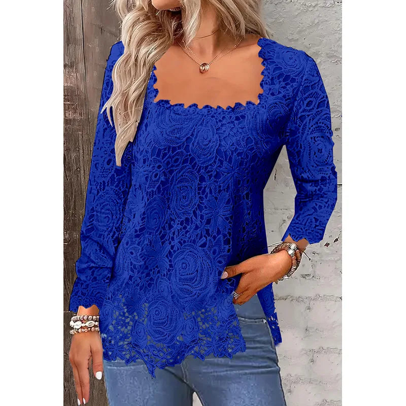 U Collar Long Sleeve Lace Loose T-shirts Summer Women Lace Patchwork Hollow Out Baggy Tee Shirt Tops MYH-myh221 Bazaare Mart