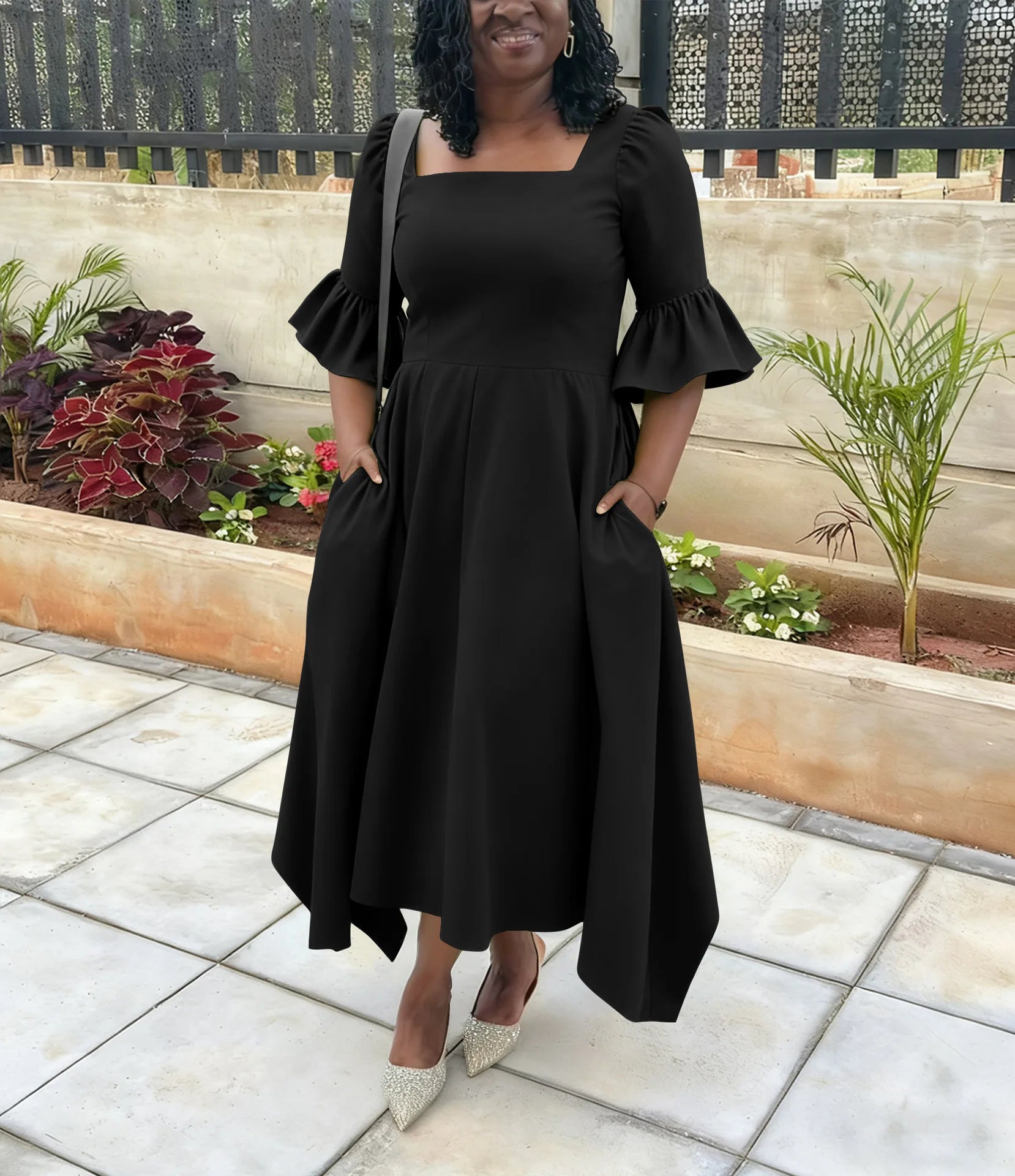 Ruffle Sleeve Square Neck Midi Dress Bazaare Mart Plus Size Half Sleeve Midi Dress