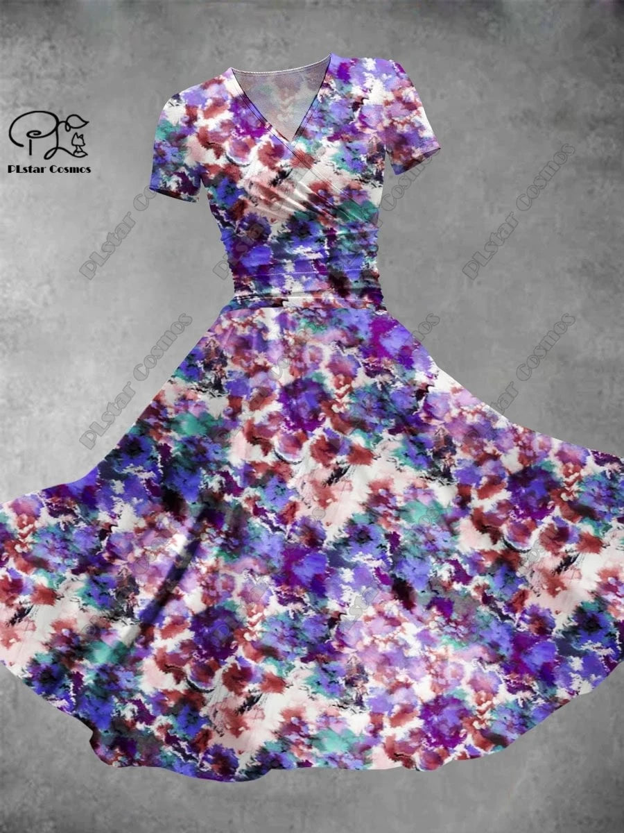 3D printed floral skirt Valentine's Day series printed V-neck short-sleeved dress A-line long skirt casual and fashionable -5 4 Bazaare Mart