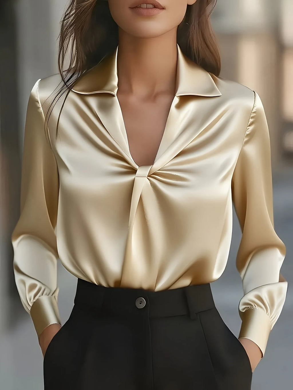 Satin Solid Color Satin V-Neck Long-Sleeved Blouse Beige Bazaare Mart Long Sleeve Blouse