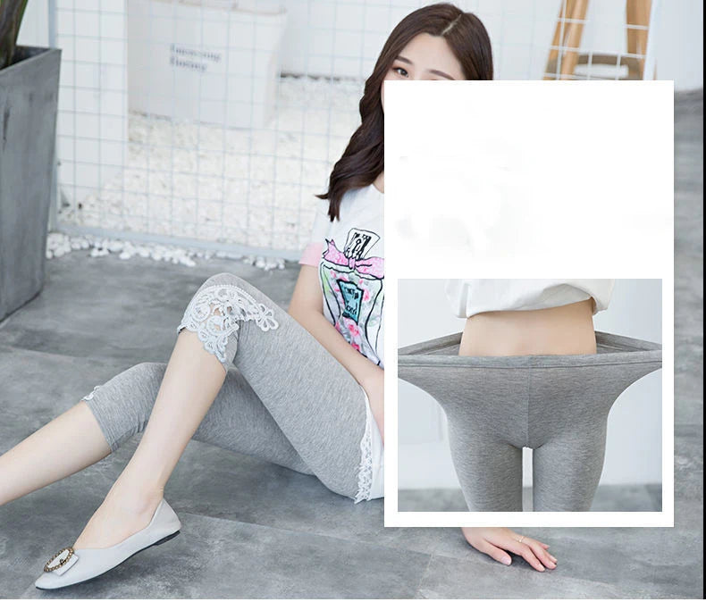 Women's Lace Trim Capri Leggings – High Waist Stretch 3/4 Length Cropped Leggings Bazaare Mart Capris Leggings