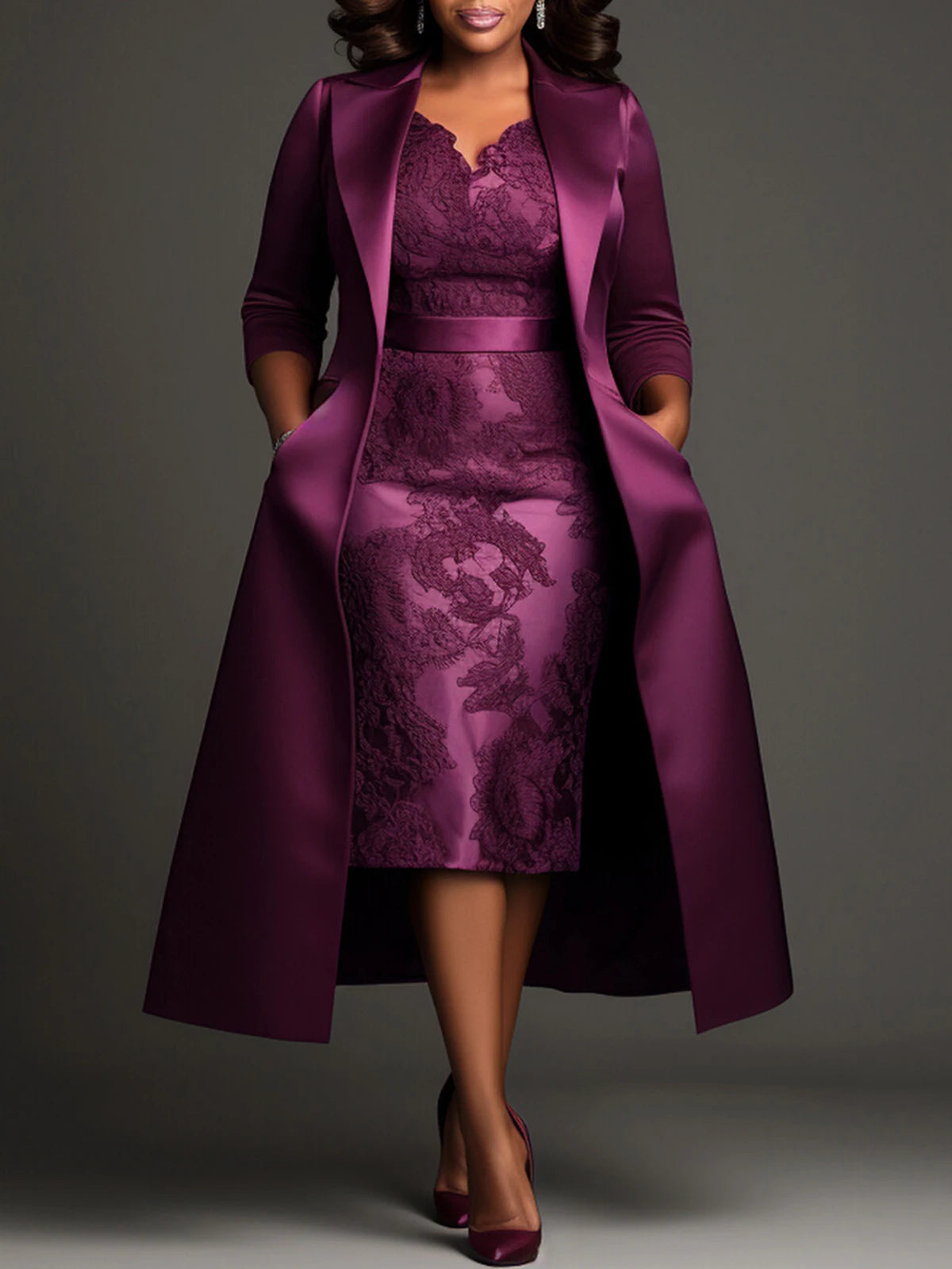 Plus Size Plum Satin Lace Midi Dress & Long Coat Set