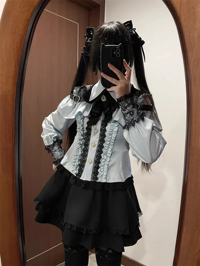 Jirai kei Shirt JK Skirt Japanese Style Lolita Y2K Sweet School Uniform Blouse Top Dress Darkness Outfit Women Girls Theme Party Bazaare Mart