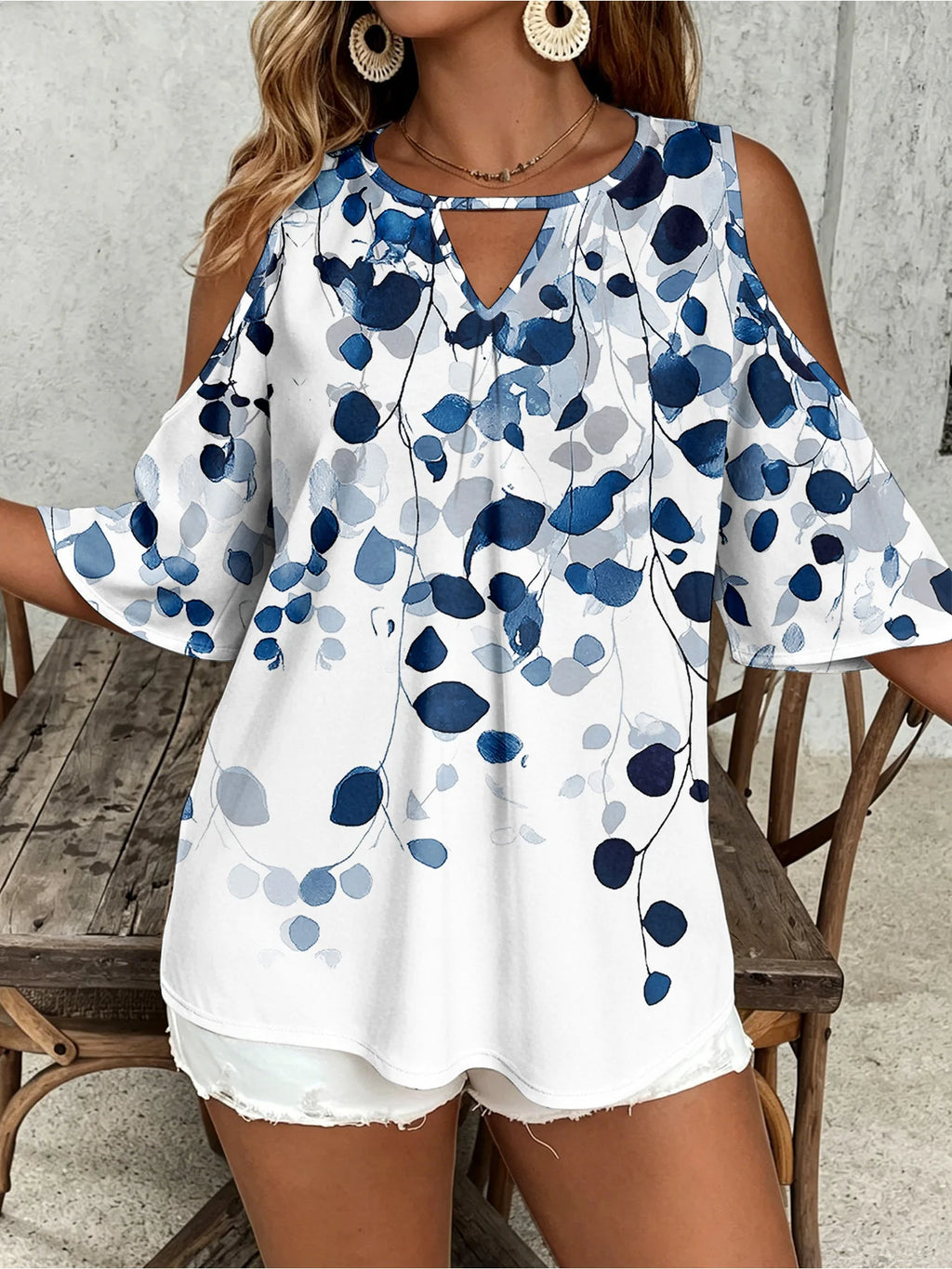 Women's plus size women's blue leaf print off shoulder V-neck hollowed out mid sleeve top, commuting and leisure vacation top Bazaare Mart