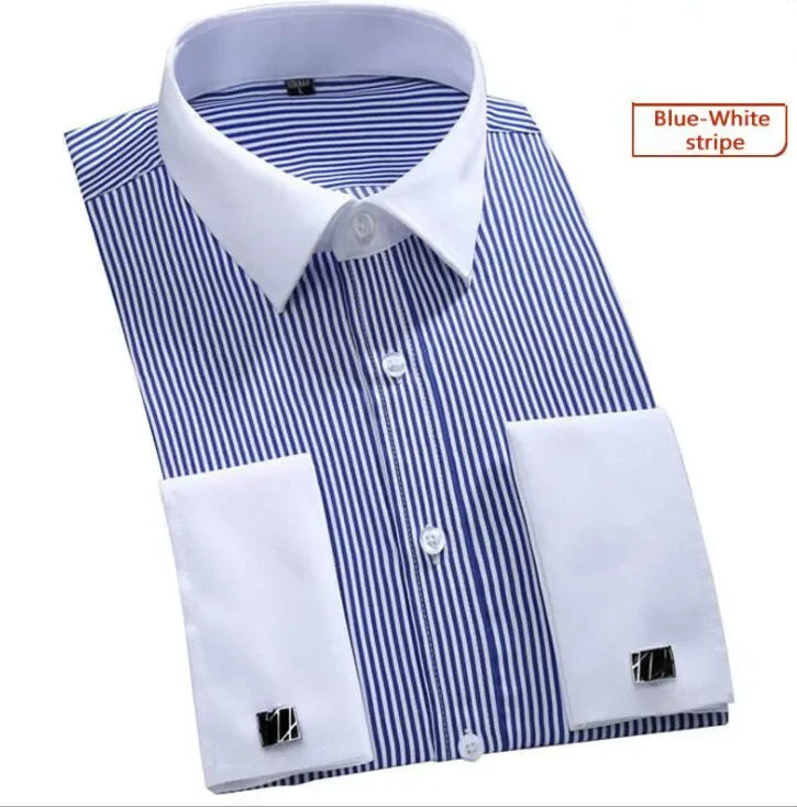 Blue and white striped dress shirt with cufflinks on a white background