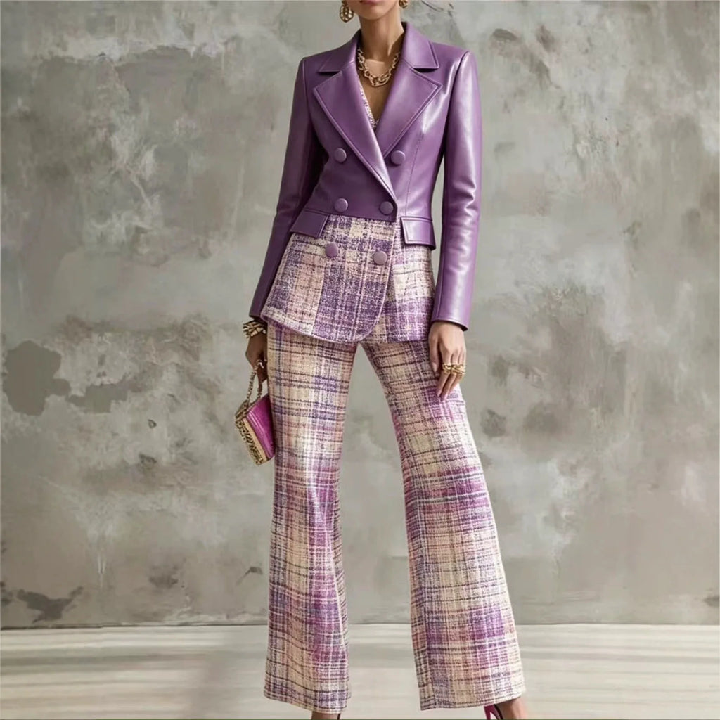 PU Leather Blazer & Plaid Flare Pants Set